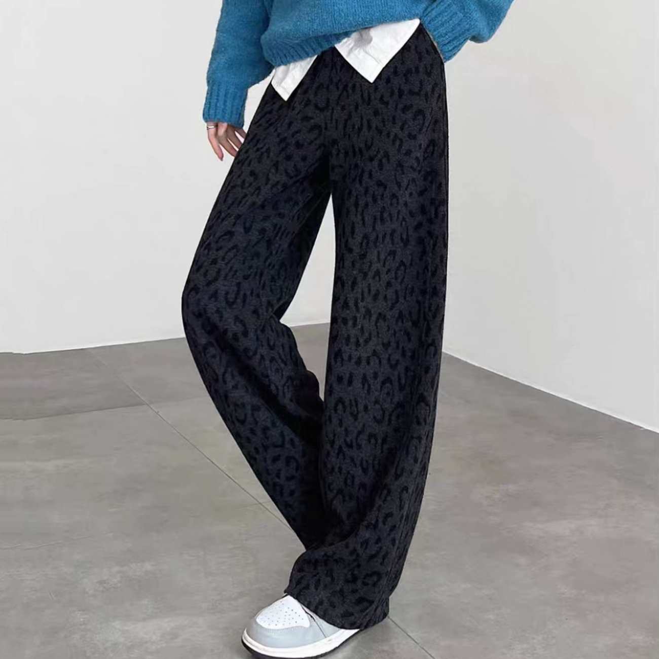 【内里加绒】97974韩系垂坠抽绳豹纹直筒小弯刀裤（裤长102左右）