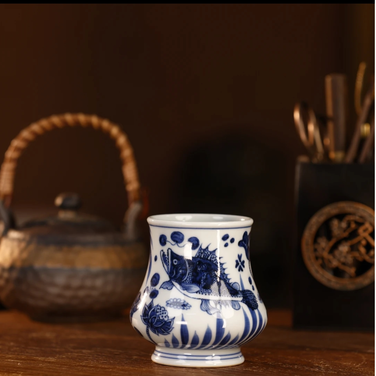 刘建锋窑刘建锋窑仿元樽杯纯手工手绘柴窑鱼藻纹顺丰包邮 LJF200