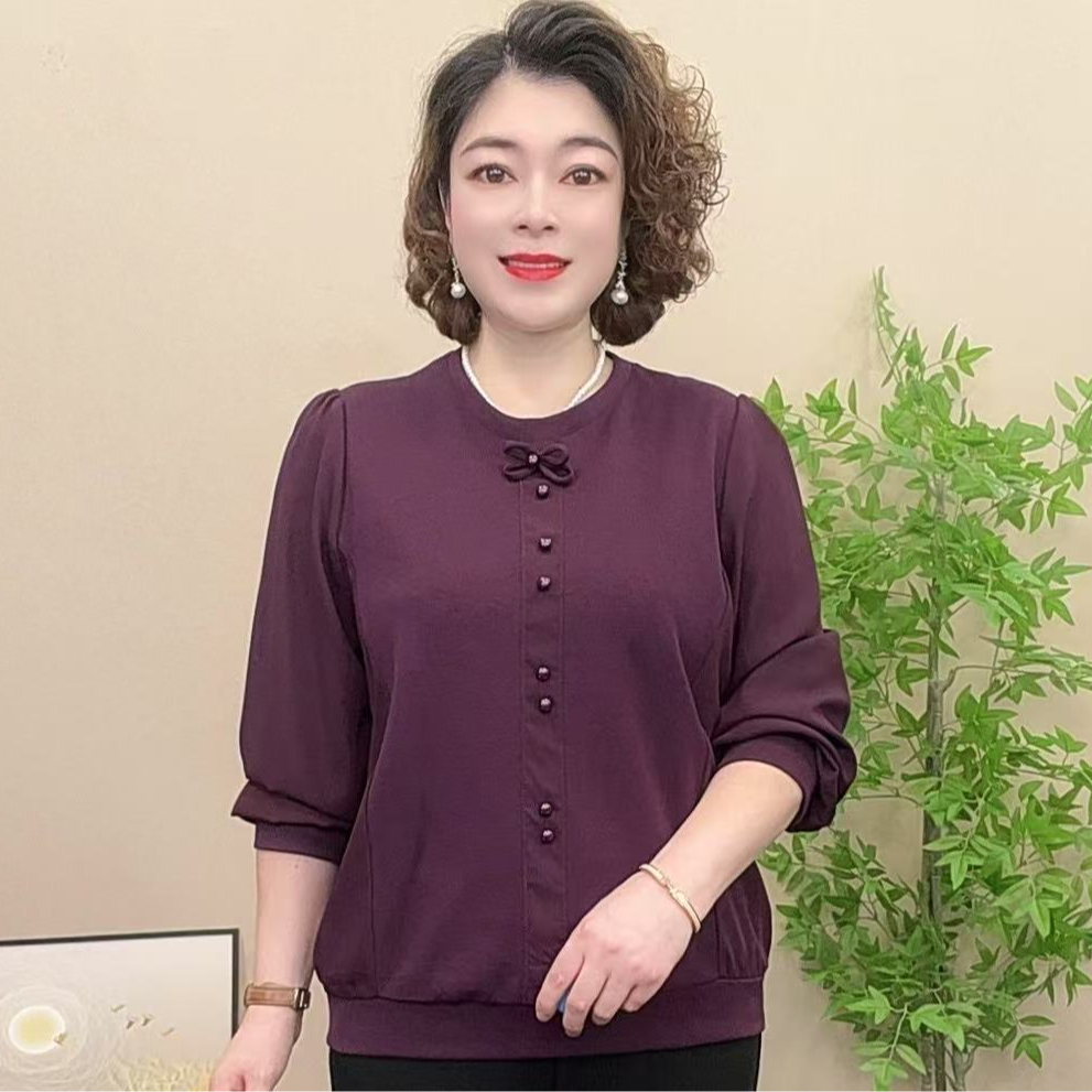 长袖妈妈装秋季时尚潮牌中老年女装气质圆领拼接显瘦洋气百搭宽松