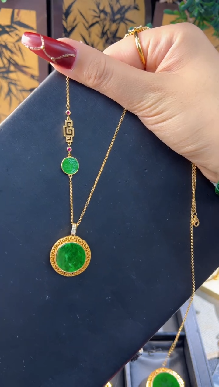 【闪购商品】翡翠吊坠(赠链)银S925镀金镶嵌天然缅甸翡翠A货吊坠