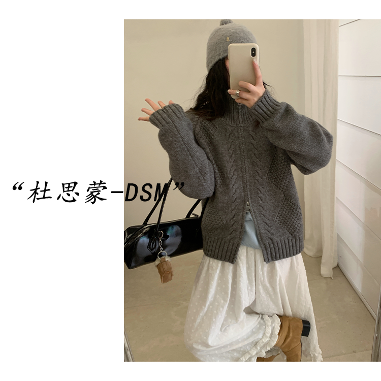DSM-【格织麻韵】韩国货！25秋冬韩系百搭菱格麻花拉链开衫毛衣61043