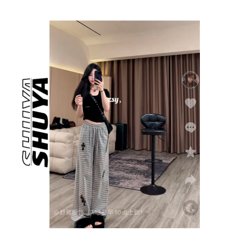 【张舒雅】格子星芒，重工定制休闲皮标格子裤DY#99018