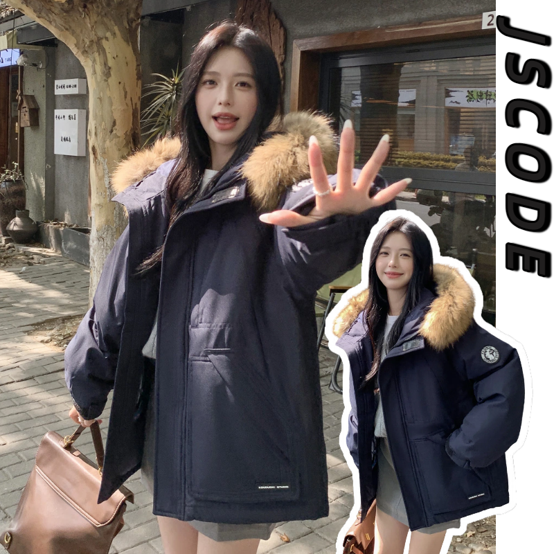 胖mm特大码女装藏青色派克工装显瘦棉服女冬季毛领宽松保暖棉衣潮