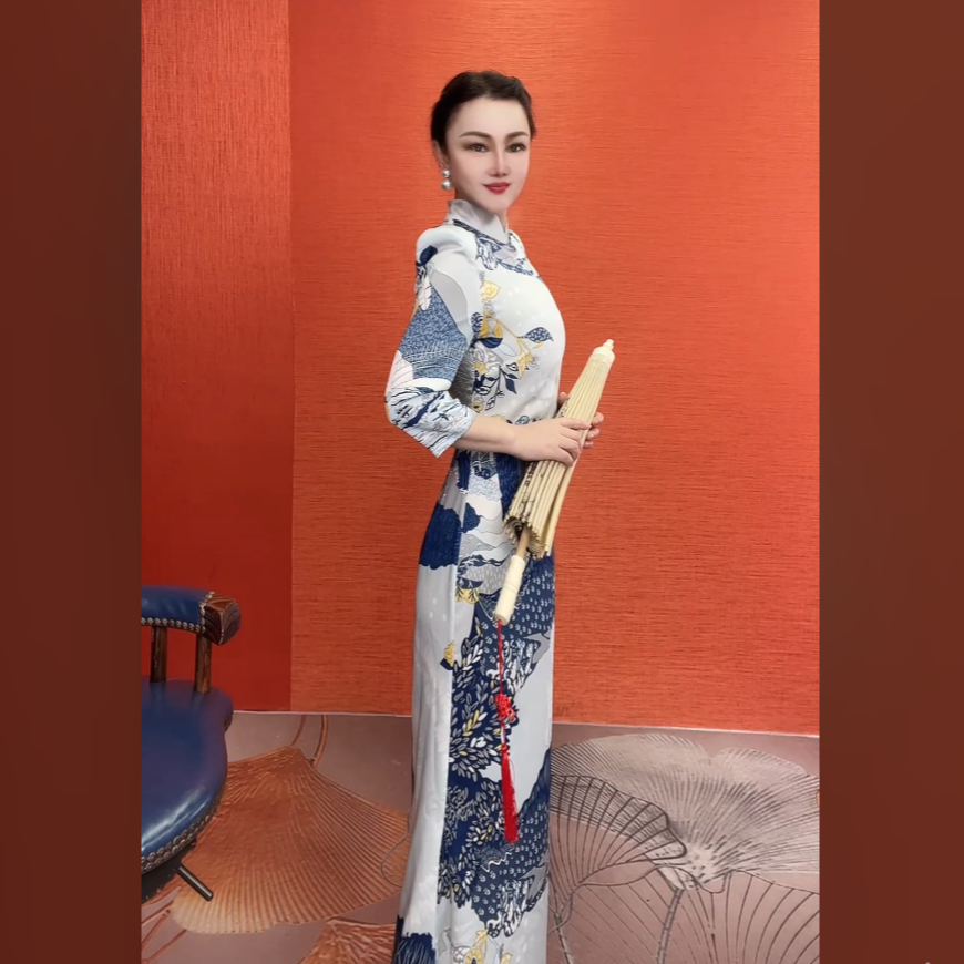 富春图大青花耸肩七分袖旗袍秋冬冬季中国风复古优雅连衣裙气质