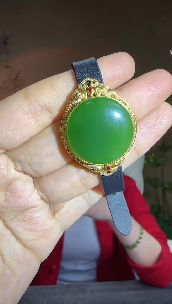 【闪购商品】和田玉手牌18K金镶嵌18K金镶碧玉圆牌手环