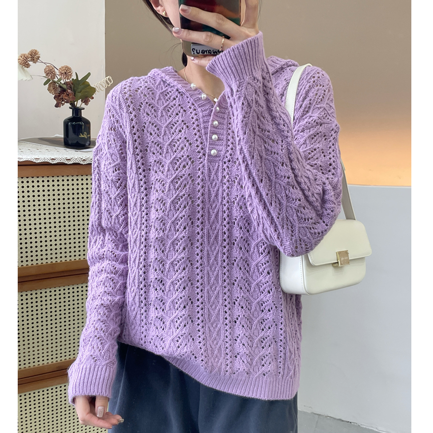 韩系纯色钩花连帽内搭气质打底衫别致长袖针织衫宽松镂空上衣