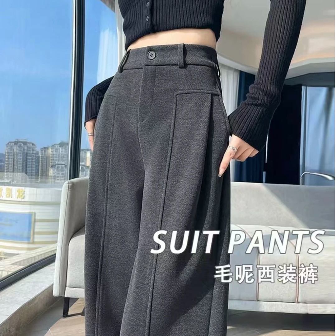 加绒毛呢阔腿裤女款2025新秋冬季弯刀裤休闲加厚灰色西装裤子