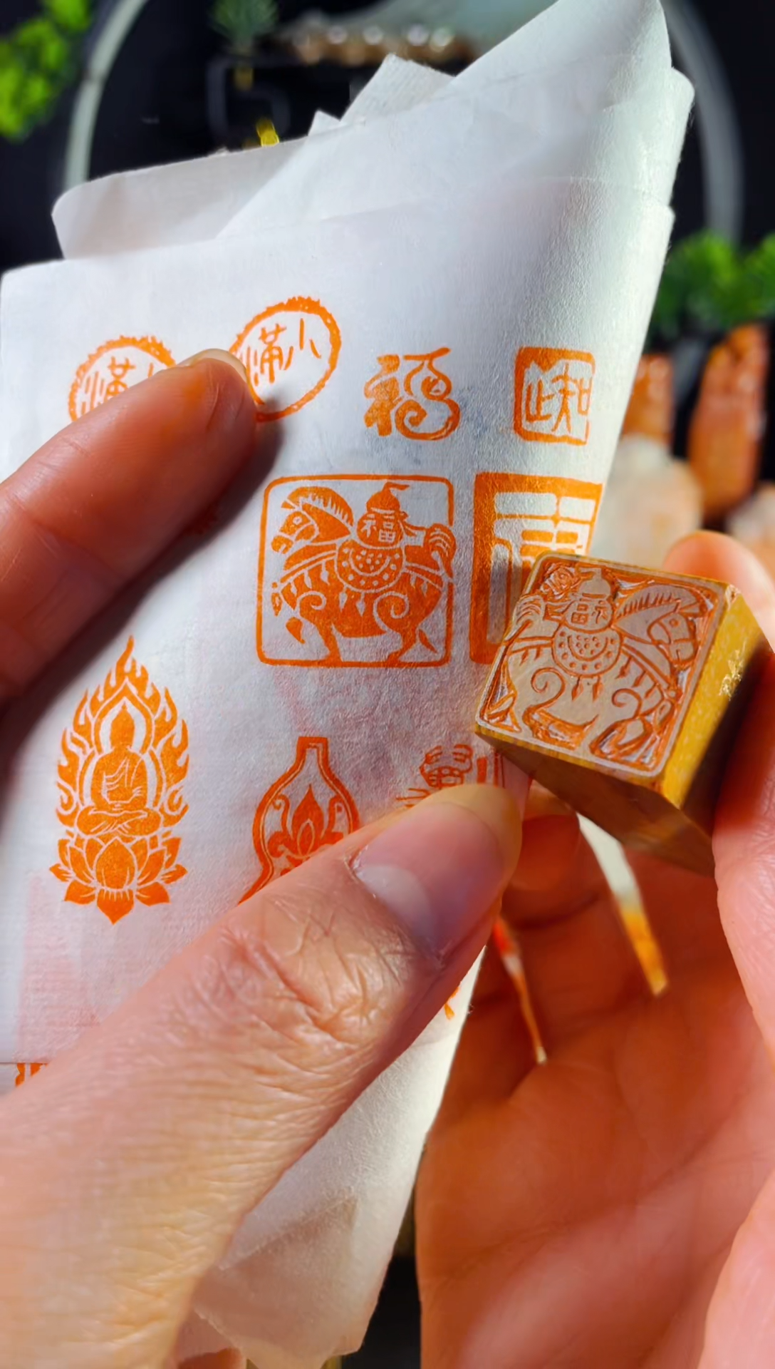 老挝石印石手工篆刻《马上送福》2.0  木纹