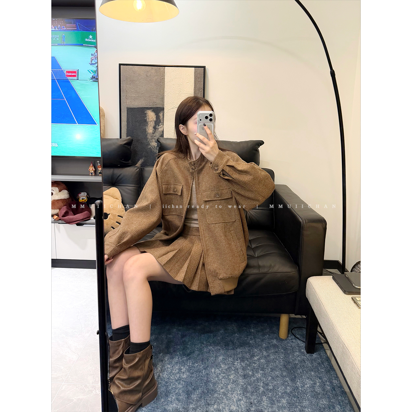 MMUIICHAN miu系格子呢子套装 复古调调 分开搭也ok的外套+半裙