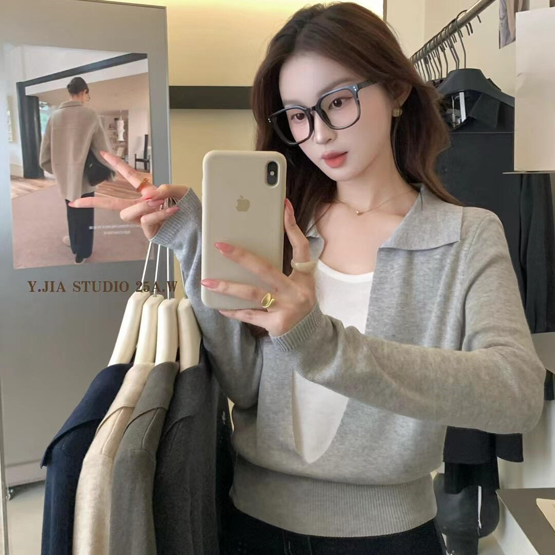 【现货】高端女装2025秋季新款撞色假两件polo领长袖针织打底上衣