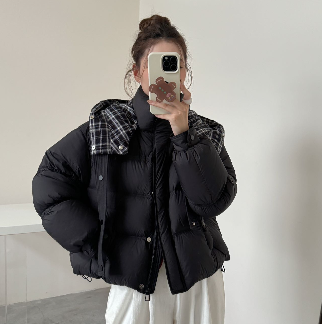 千鸟格拼接连帽羽绒服拉链潮流泡芙款-85085