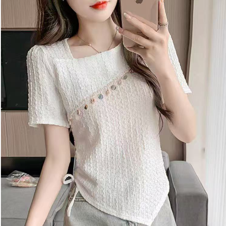 66821【衣长50】法式高级感不规则设计感短袖T恤女夏季亮片斜领上衣