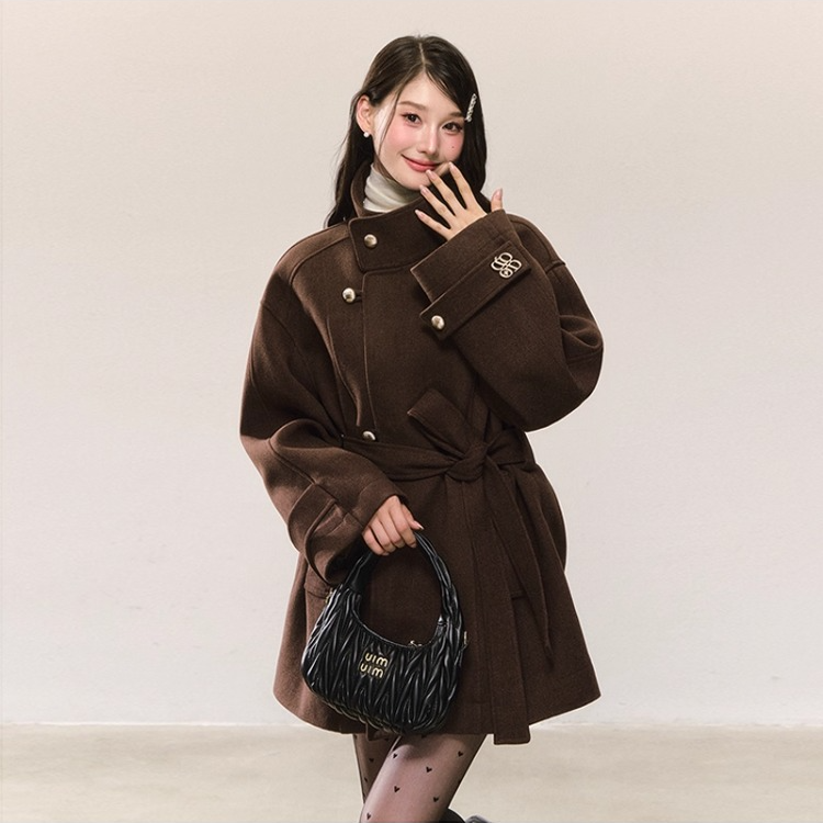 复古羽绒加厚毛呢外套女2025冬季新款高级感系带收腰立领呢子大衣