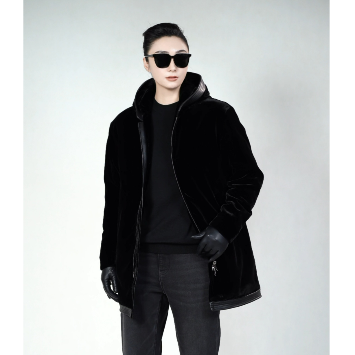 帝罗依男士鹅绒中长款丝绒羽绒服8717冬季时尚连帽拼皮羽绒服