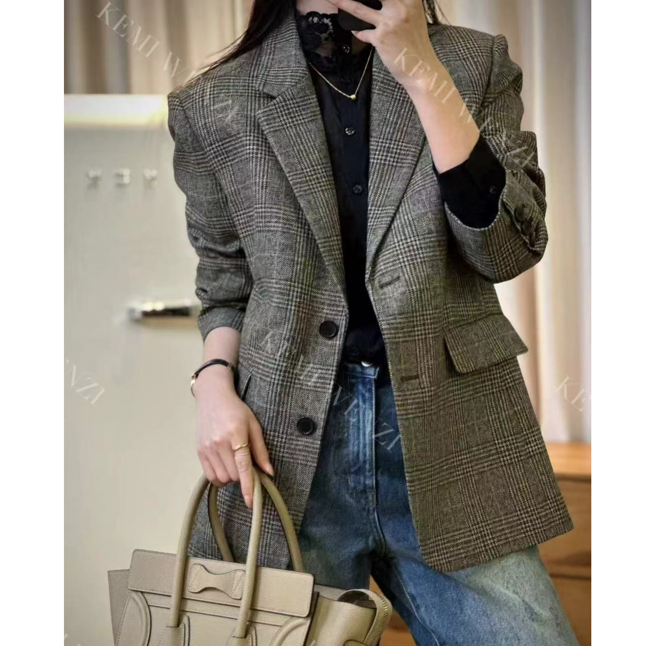 韩系复古格子西服