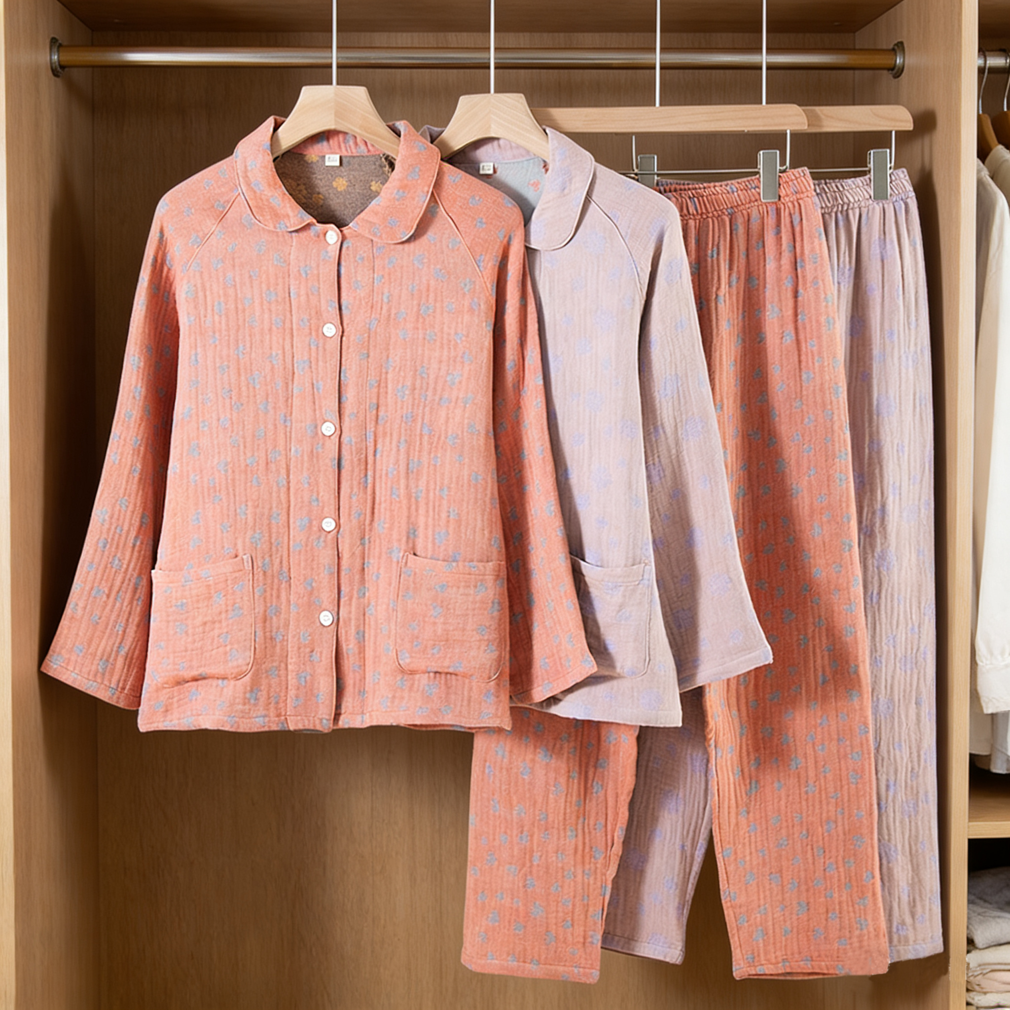 【软糯四层纱】女士秋冬家居服套装长袖长裤小翻领保暖透气全棉棉纱