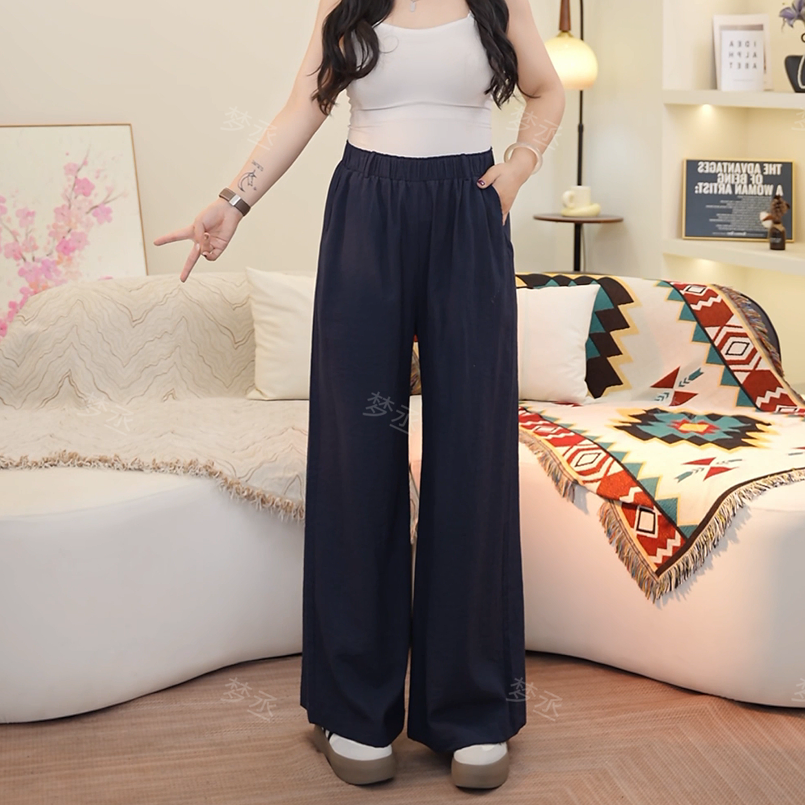 梦丞【藏肉buff】夏季松紧腰宽松阔腿休闲裤大码高腰显瘦百搭长裤