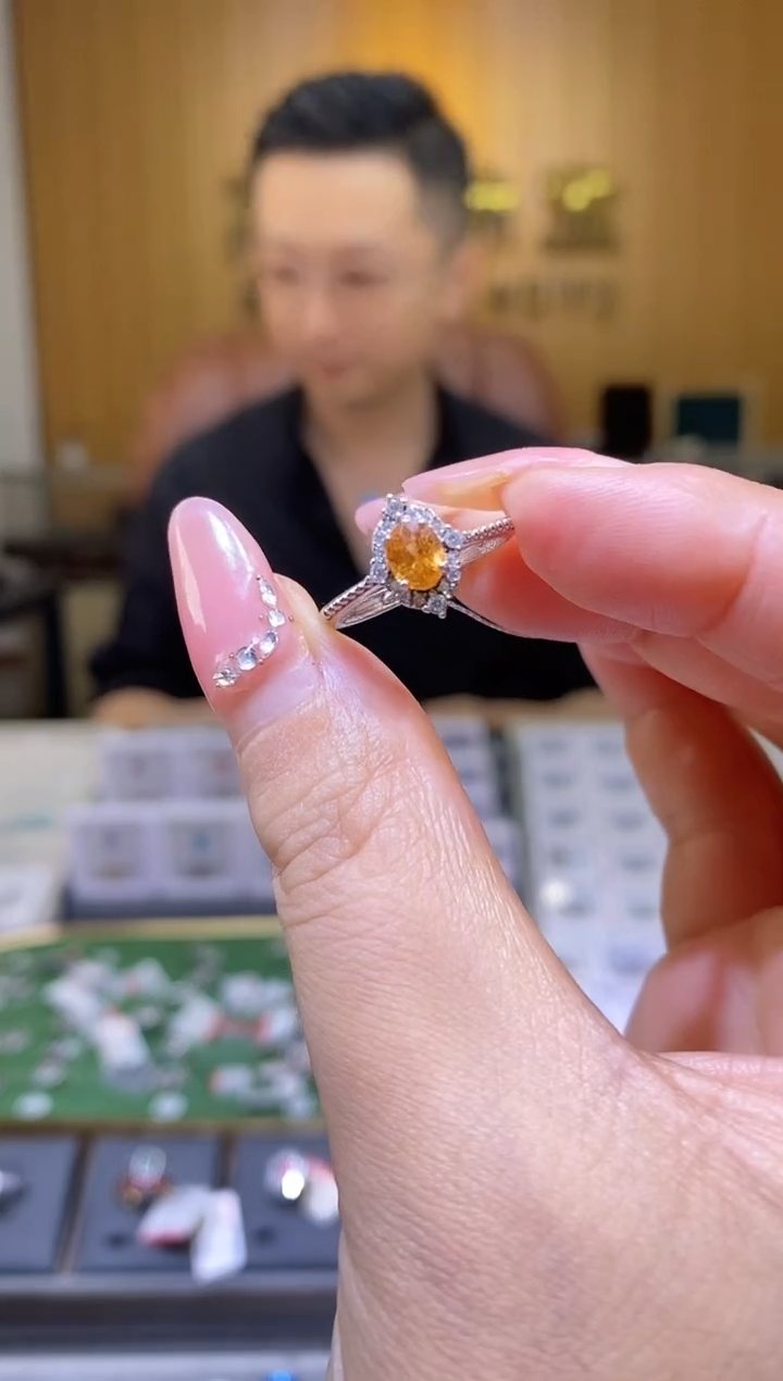 石榴石（芬达石）戒指银S925镶嵌天然芬达石戒指