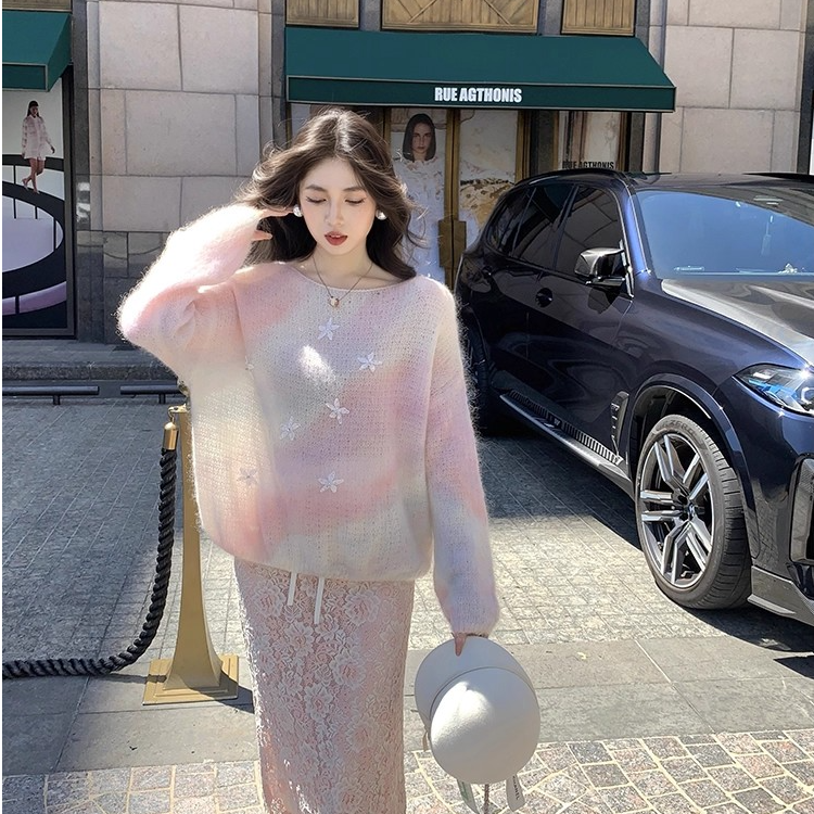 晕染彩虹 马海毛毛流感慵懒彩虹小花朵毛衣 