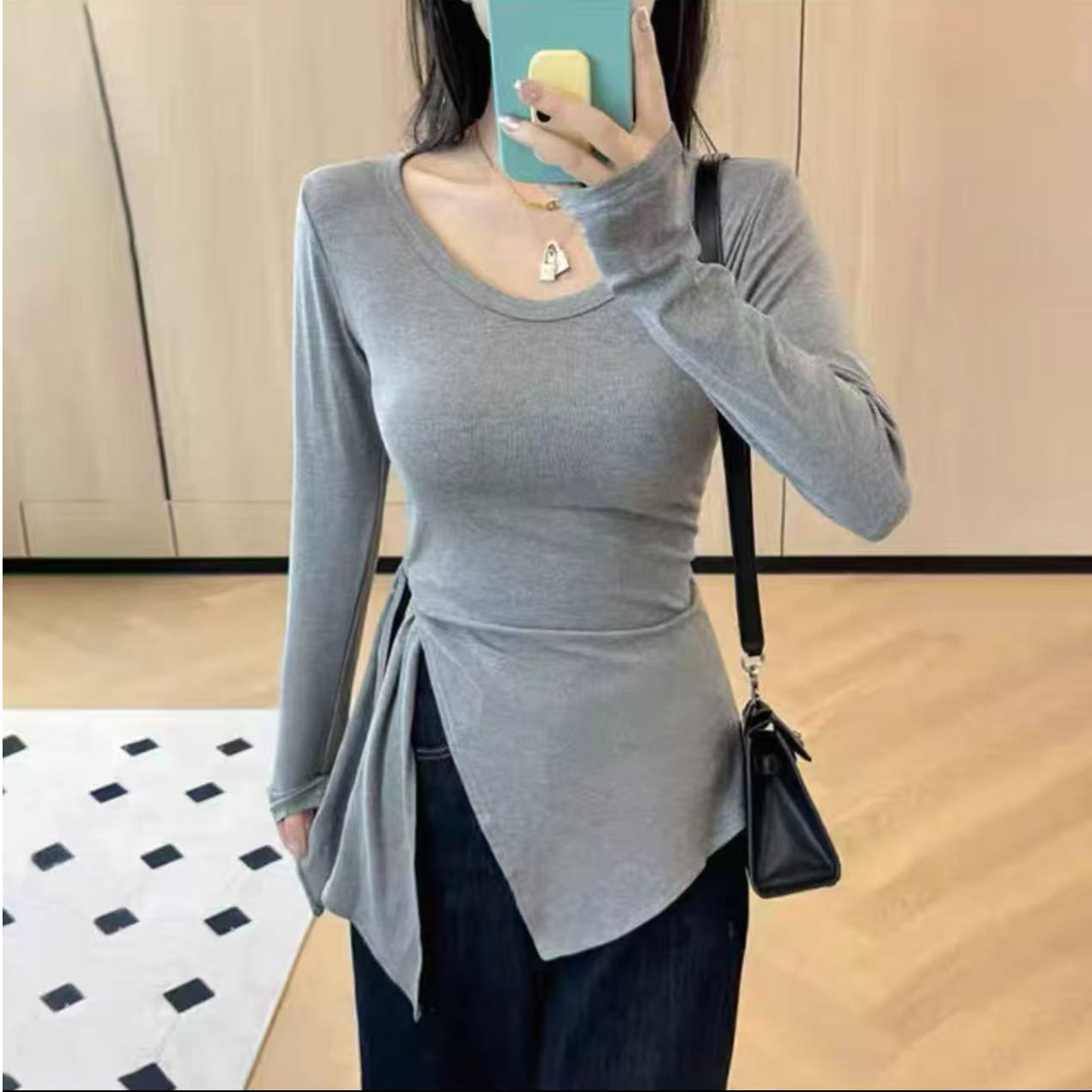 婷婷家新款不规则设计感长袖T恤女修身显瘦内搭打底衫上衣