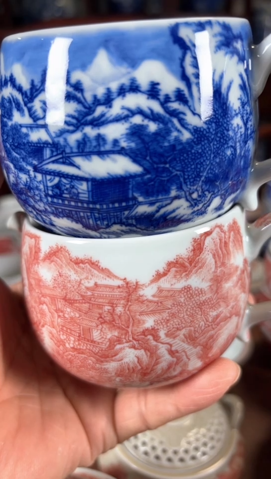 半*茶柴窑釉里红和青花雪景公道杯杯
