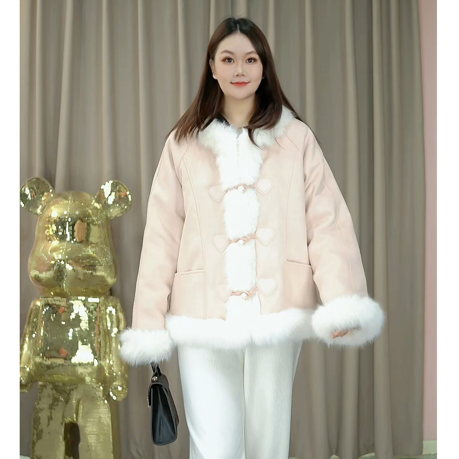 【洋洋】短款加绒加厚款法式女冬季短外套中国风保暖加厚立领
