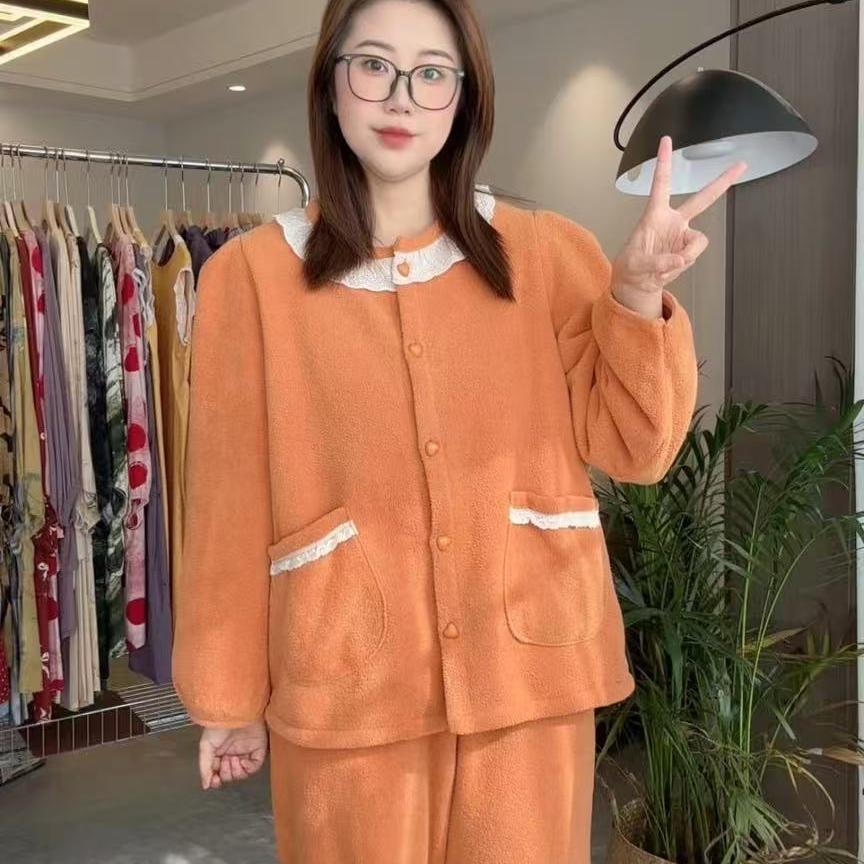 加绒加厚杨梅绒睡衣保暖长袖女款家居服套装休闲可外穿蕾丝洋气