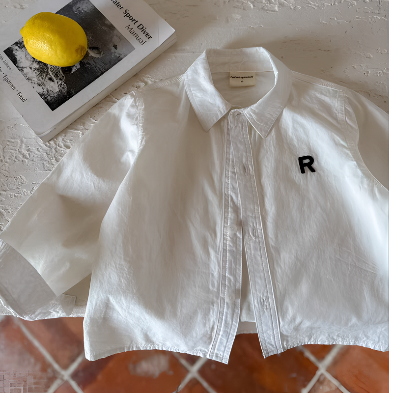 儿童衬衣2024春季新款男女童简约字母纯棉白色衬衫洋气打底衫