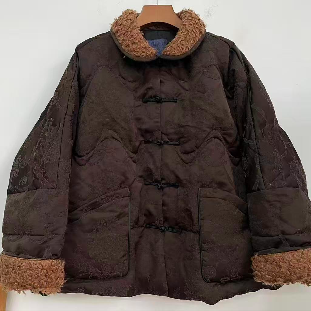 荼-手工盘扣毛领宽松羽绒棉服332363（衣长65胸围144）