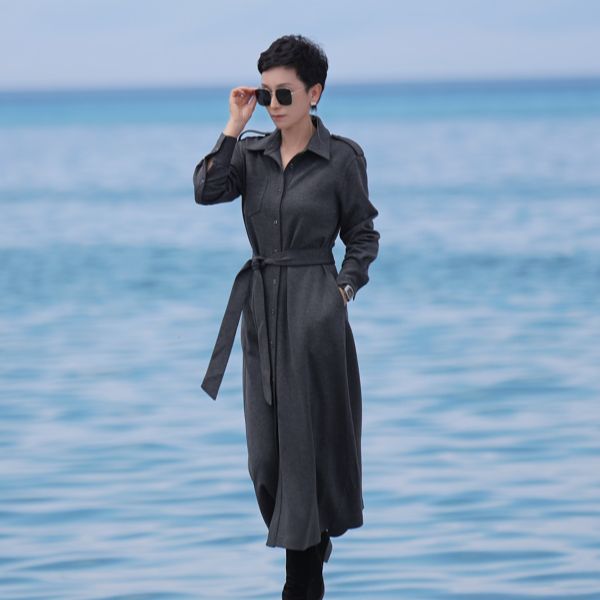 溏朵记2025秋季新款外套时尚休闲收腰宽松长袖风衣连衣裙88210