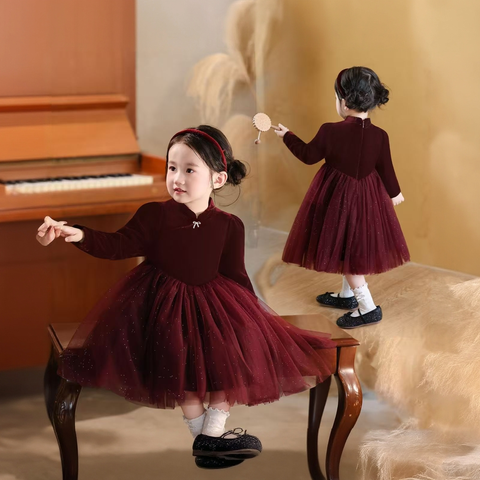 女童秋冬新款儿童长袖丝绒网纱裙女童中国风连衣裙公主裙宝宝礼服