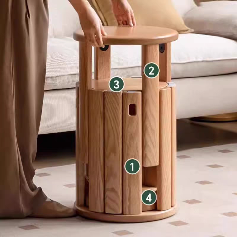 红橡木实木堆叠凳餐厅家用可叠放凳子省空间带轮圆凳组合桌下餐凳