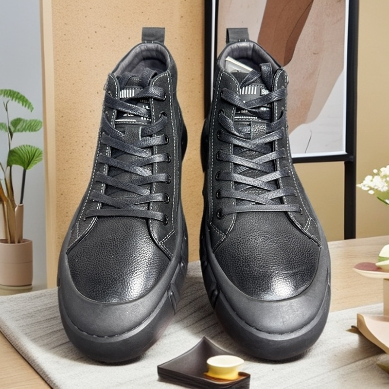 男士头层牛皮防滑耐磨休闲鞋中高帮靴子男系带皮鞋百搭厚底男鞋