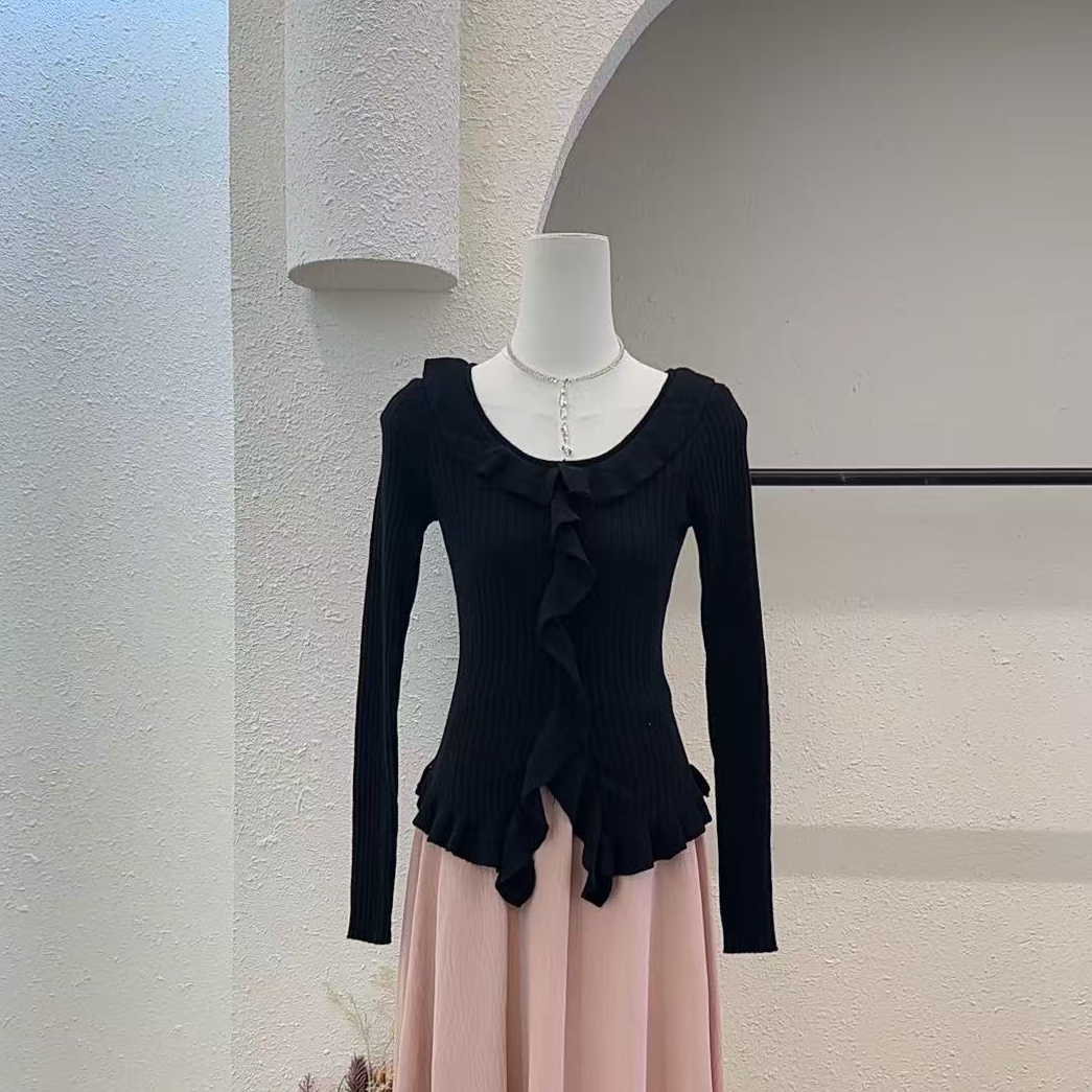 【椿日花岛】韩版纯欲显瘦木耳花边掐腰设计感上衣-Y078