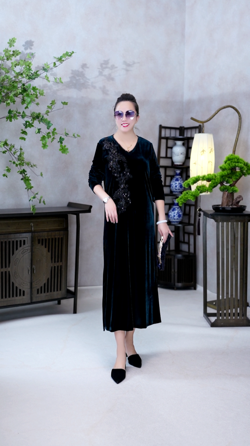 5【MIAOCI】91999美丽精致优雅长款高端大气蕾丝钉珠丝绒连衣裙