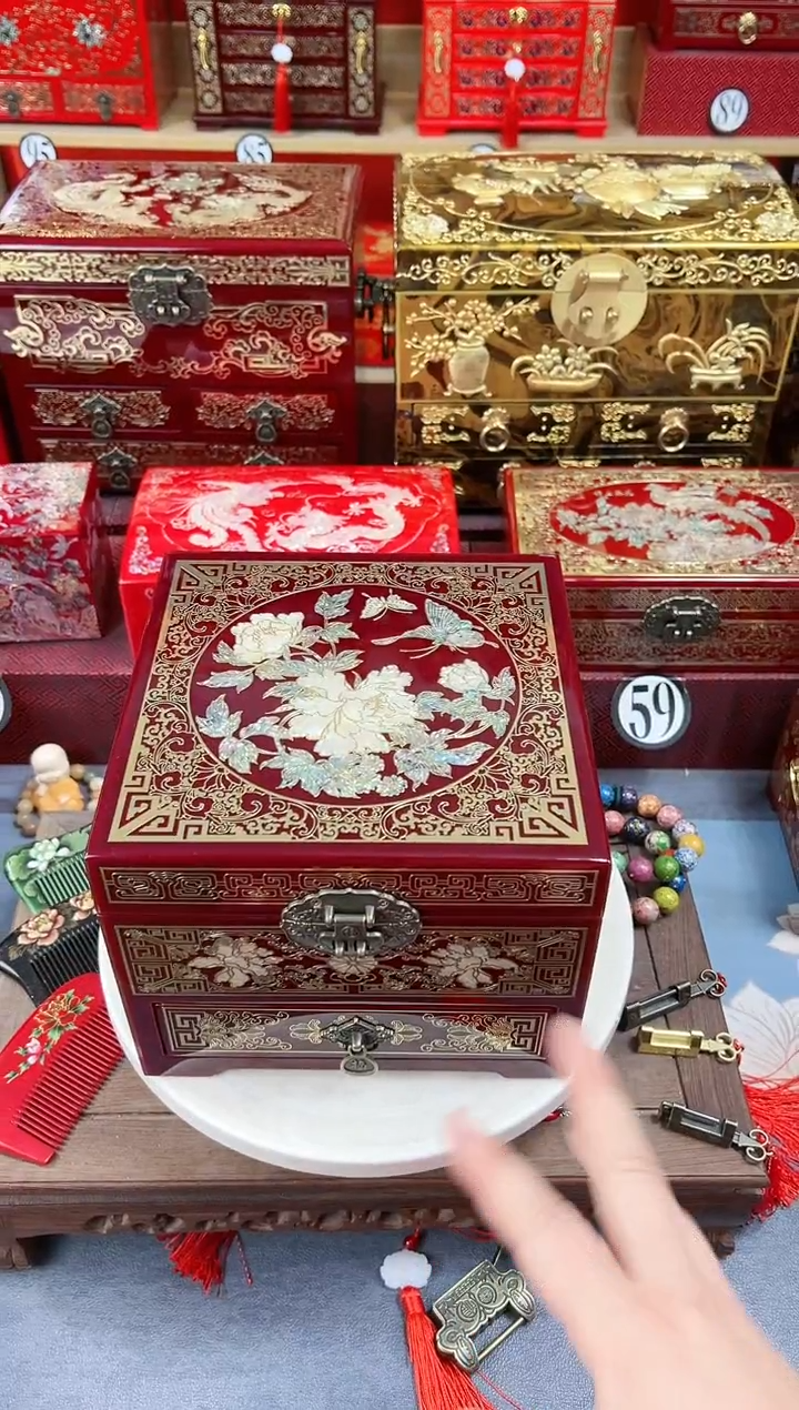 【闪购商品】20厘米新款三层单抽掐丝螺钿酒红蝶恋花