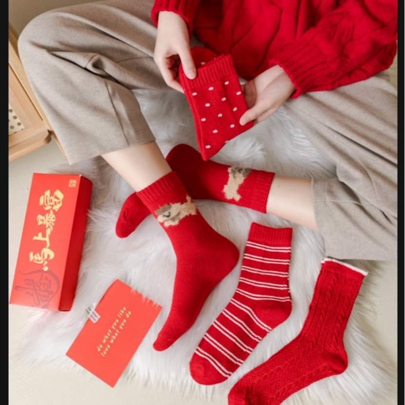 本命年福袋红袜子马年中筒袜女秋冬新年红色袜圣诞堆堆袜W2052