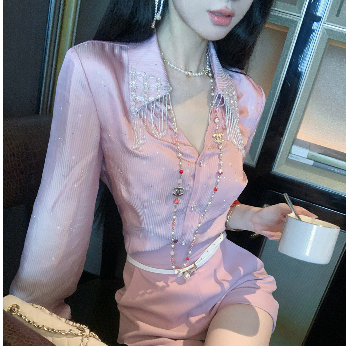 【雅乔定制】南韩女主 流苏烫钻人丝条纹衬衫女长袖DYYK-25072522