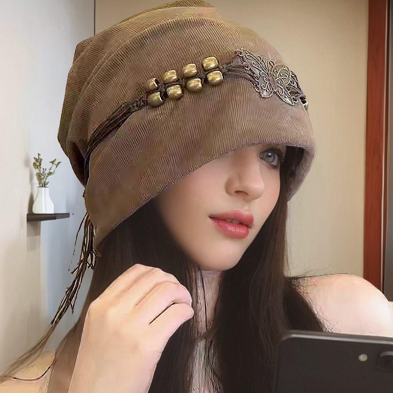 美式复古扎染流苏串珠冷帽女甜酷慵懒感包头帽大头围显脸小堆堆帽