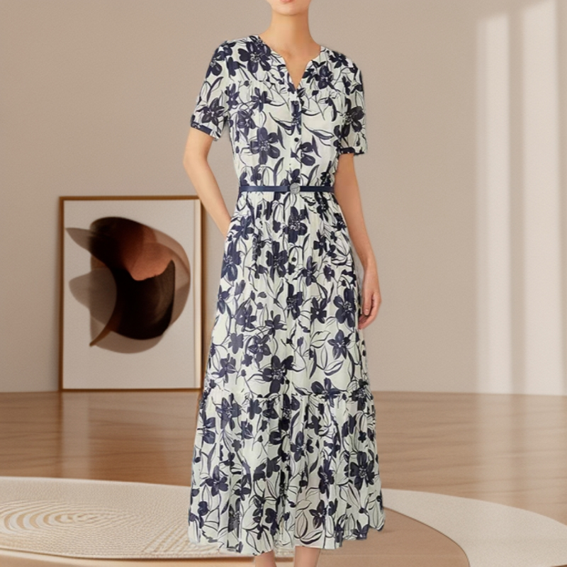 【900连衣裙】薇乐藏蓝女装复古长款收腰修身优雅