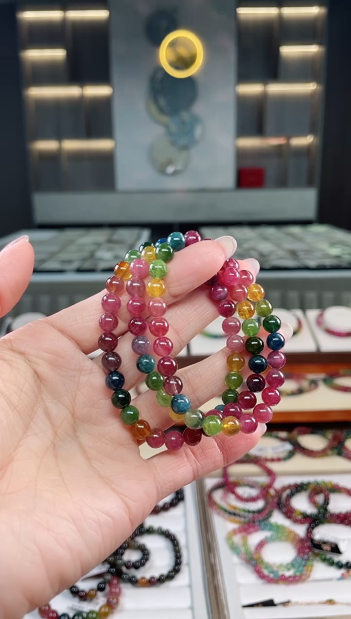 未镶嵌老矿碧玺彩虹三圈手串7mm+碧玺（多样性发一条）T