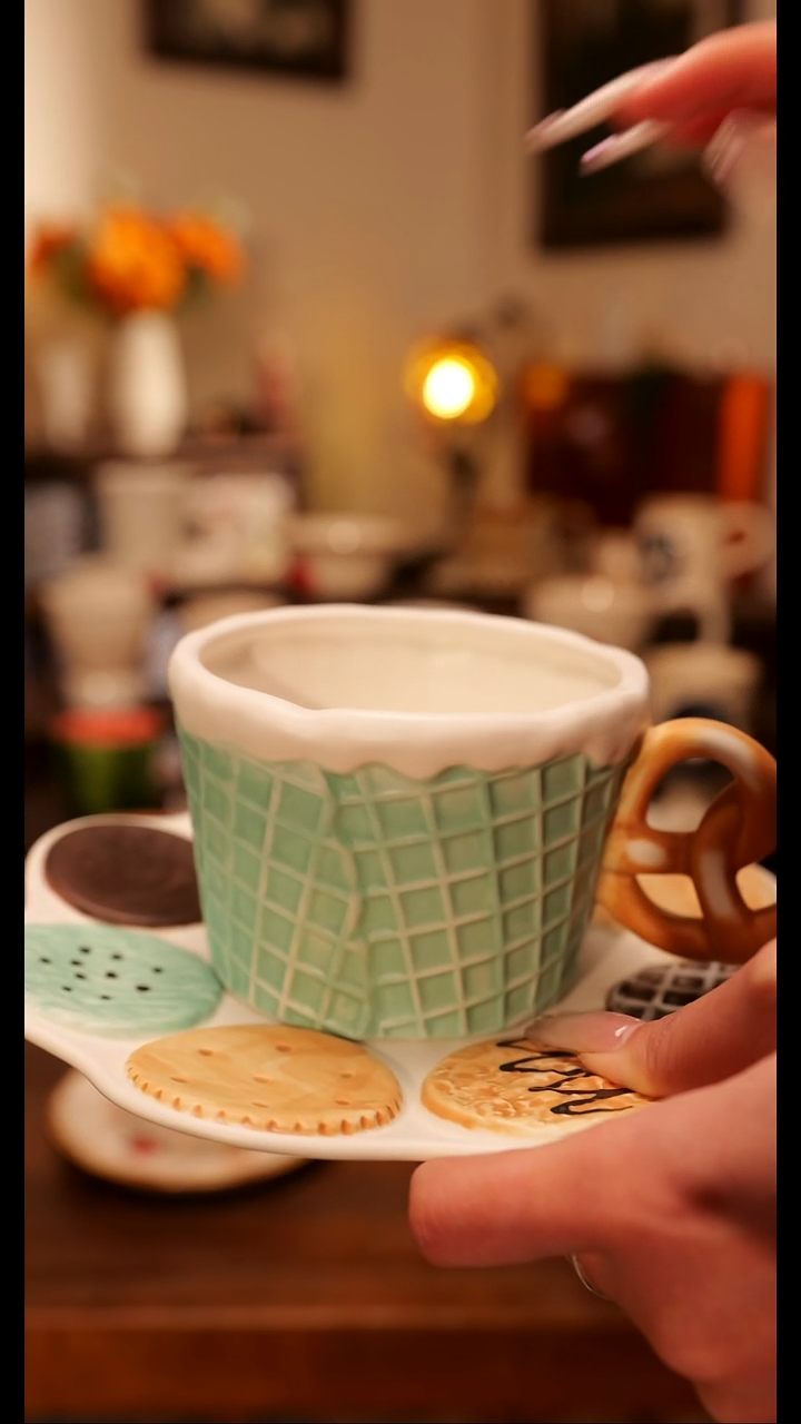 陶瓷便携款华夫饼杯碟手作  手绘釉下彩