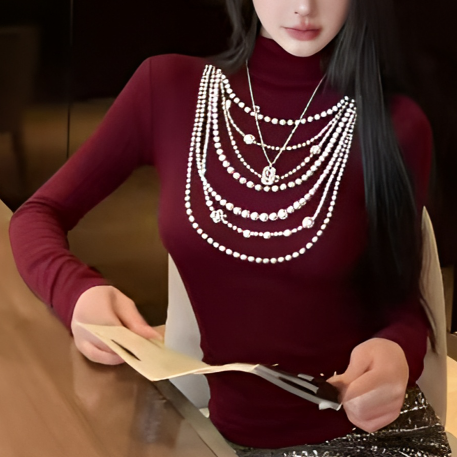 设计感高级高领烫钻上衣半高领打底衫