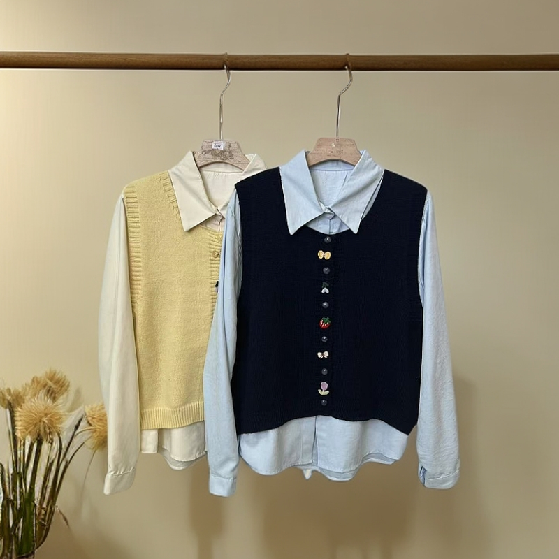 6001马甲衬衫套装女款春季时尚百搭气质拼接简约衬衫两件套