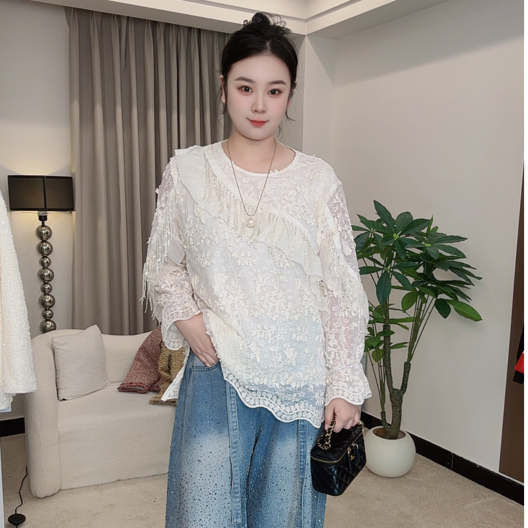 大码高级感国风钉珠提花蕾丝长袖衬衫女春秋宽松上衣25213
