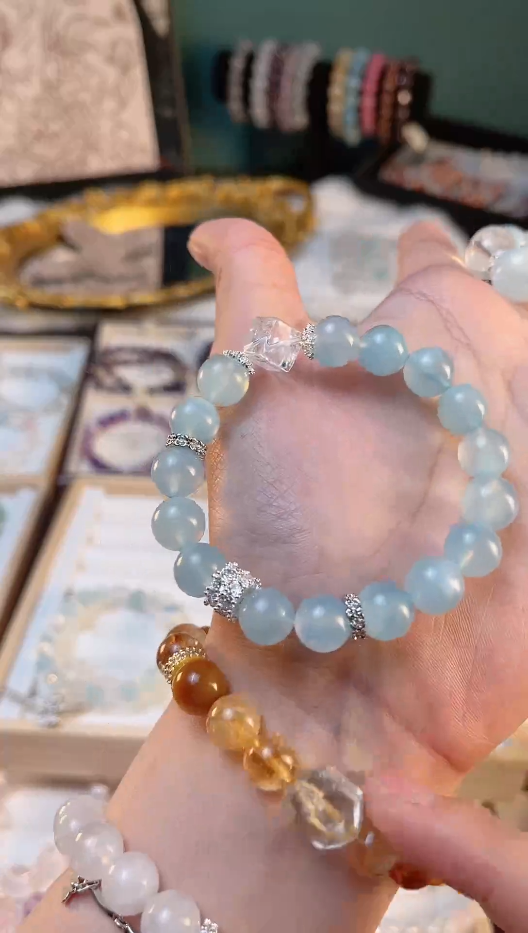 【闪购商品】水晶手串合金天然海蓝宝+白水方糖