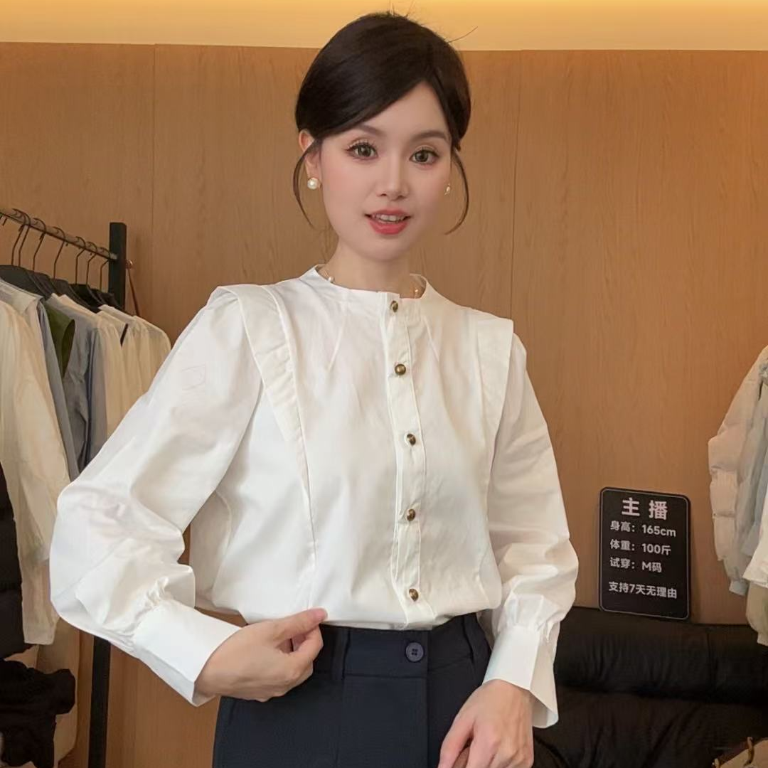 法式立领白衬衫女设计感小众衬衣春秋季小衫宽松气质内搭长袖上衣
