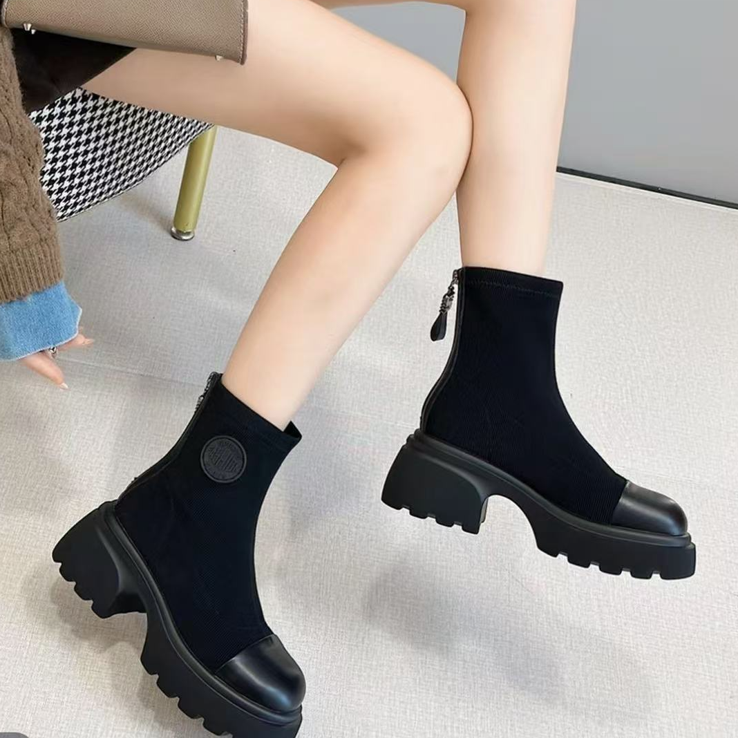 616-2   高跟短筒圆头厚款弹力靴袜靴女靴加绒瘦瘦靴