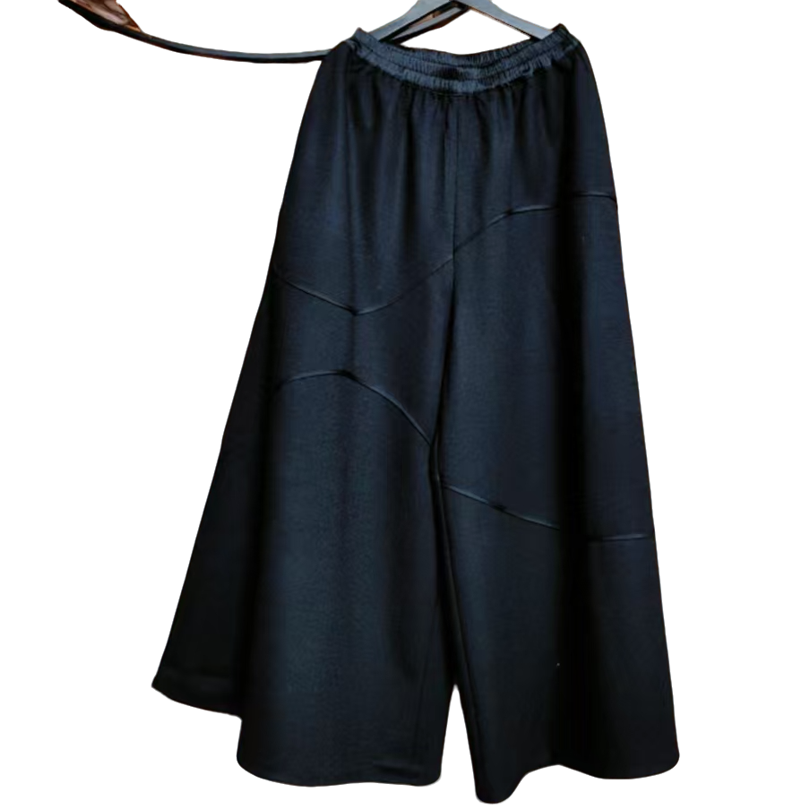 包边条黑色毛阔腿裤