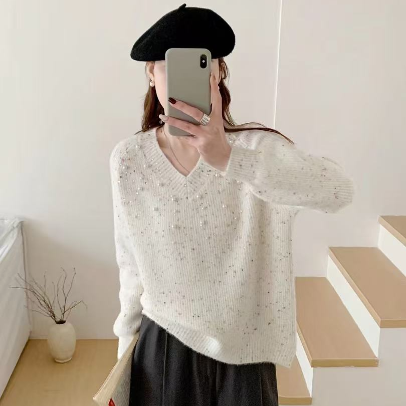 2026款长袖毛针织衫落肩袖设计感镂空百搭韩版烫钻V领针织